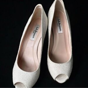 L.K. Bennett Erica Soft Gold high wedge, glitter knitted print size 37